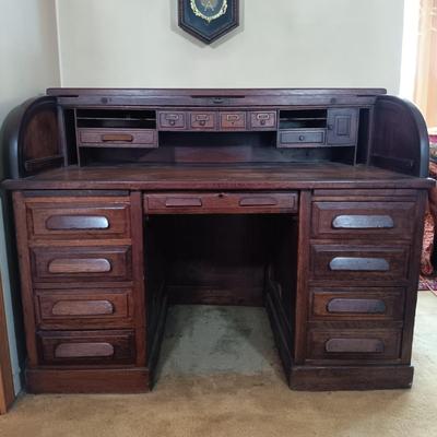 LOT 217: Antique Roll Top Desk with Victorian-Style Swivel Chair
