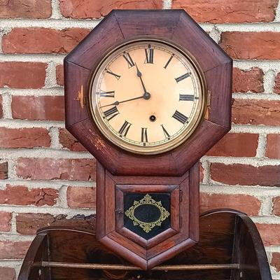 LOT 223: Ansonia Clock Co. Drop Clock w/ Vintage Magazine Cradle & Quilted Sheep Pillow