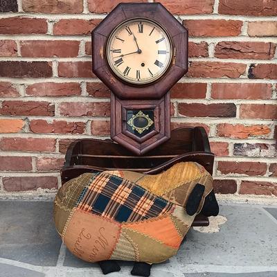 LOT 223: Ansonia Clock Co. Drop Clock w/ Vintage Magazine Cradle & Quilted Sheep Pillow