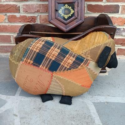 LOT 223: Ansonia Clock Co. Drop Clock w/ Vintage Magazine Cradle & Quilted Sheep Pillow