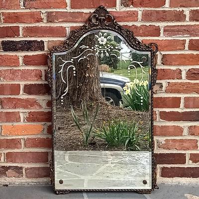 LOT 225: Antique Western Picture Frame Co. Etched Glass Mirror with Carved Wooden Frame