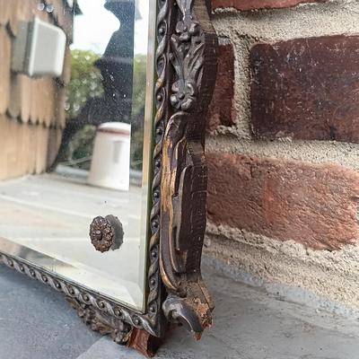 LOT 225: Antique Western Picture Frame Co. Etched Glass Mirror with Carved Wooden Frame
