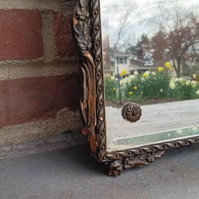 LOT 225: Antique Western Picture Frame Co. Etched Glass Mirror with Carved Wooden Frame
