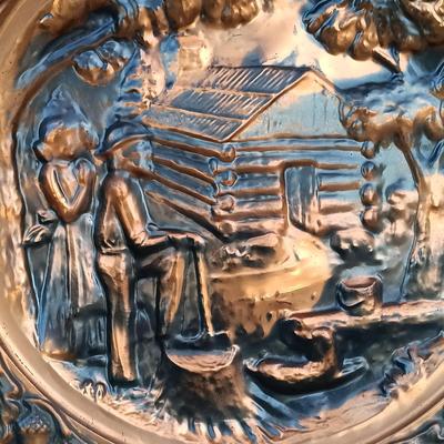 LOT 242: Vintage Syroco 'The Spinning Jenny' Wall Plaque w/ Coppercraft Guild Taunton, MA Decorative Plate