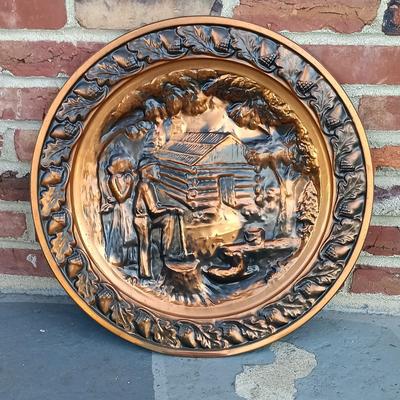 LOT 242: Vintage Syroco 'The Spinning Jenny' Wall Plaque w/ Coppercraft Guild Taunton, MA Decorative Plate