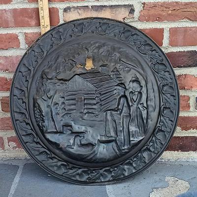 LOT 242: Vintage Syroco 'The Spinning Jenny' Wall Plaque w/ Coppercraft Guild Taunton, MA Decorative Plate