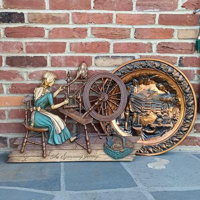 LOT 242: Vintage Syroco 'The Spinning Jenny' Wall Plaque w/ Coppercraft Guild Taunton, MA Decorative Plate