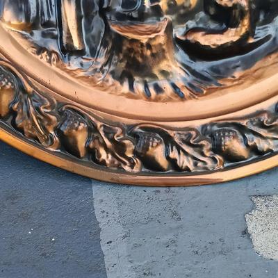 LOT 242: Vintage Syroco 'The Spinning Jenny' Wall Plaque w/ Coppercraft Guild Taunton, MA Decorative Plate