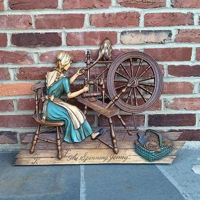LOT 242: Vintage Syroco 'The Spinning Jenny' Wall Plaque w/ Coppercraft Guild Taunton, MA Decorative Plate