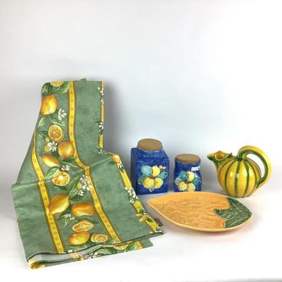 K724 La Cigale Acrylic Coated French Lemon Design Table Cloth with Vietri Canisters