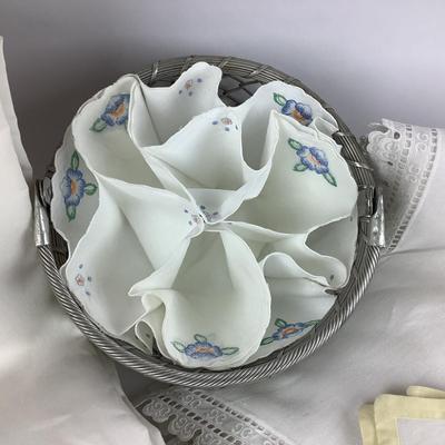 HC728 Large White Linen Tablecloth with Floral Embroidered Placemats and Basket Doily