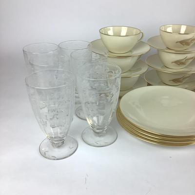 K732 Lenox "Wheat" & "Olympia" China Set with Etched Crystal Icetea Glasses