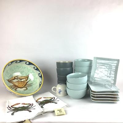 K735 Italian Blue Crab Bowl with Small Bowls, Napkins, Shaker and more