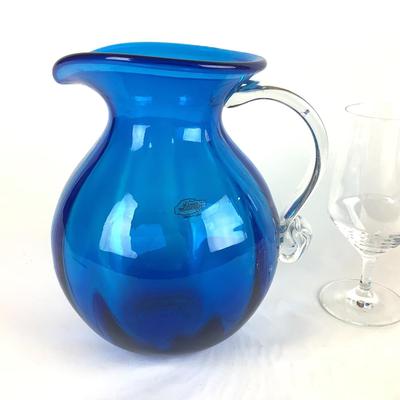 K821 Large Blue Glass BLENKO Pitcher with SCHOTT ZWIESEL Icetea Glasses