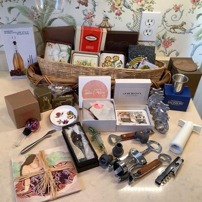 K823 Large lot of Glass Stemware and Coasters, Wine Opening, Napkin Rings and more