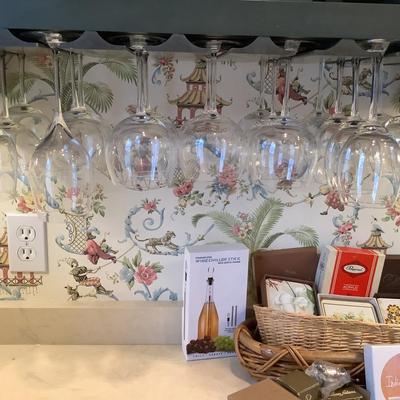 K823 Large lot of Glass Stemware and Coasters, Wine Opening, Napkin Rings and more