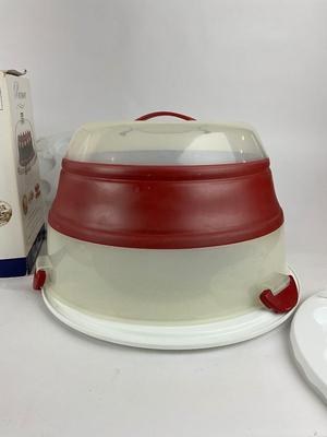 K843 Glass Cake Cover with Plastic 2-Tier Cake Carrier and Baking Cookbooks