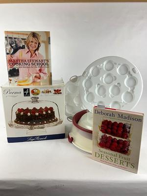 K843 Glass Cake Cover with Plastic 2-Tier Cake Carrier and Baking Cookbooks
