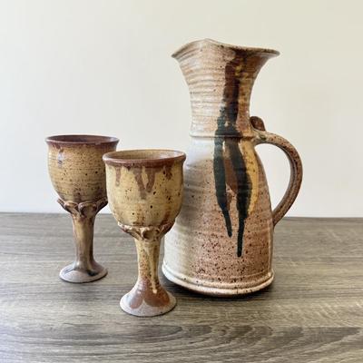 LOT 7K: Signed Mullit Stoneware Pottery Pitcher & 1975 Signed Boone Drip Glaze Stoneware Pottery Goblets