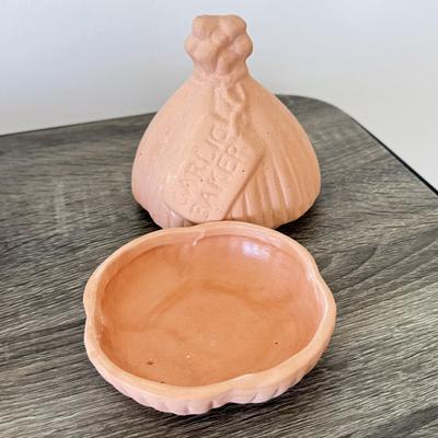 LOT 11K: Terra Cotta PIC Chip & Dip Serving Dish, Garlic Holder & Grinding Dish