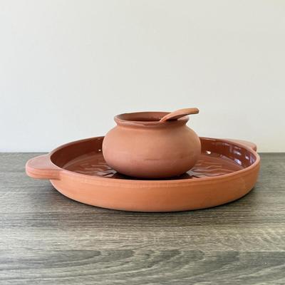 LOT 11K: Terra Cotta PIC Chip & Dip Serving Dish, Garlic Holder & Grinding Dish