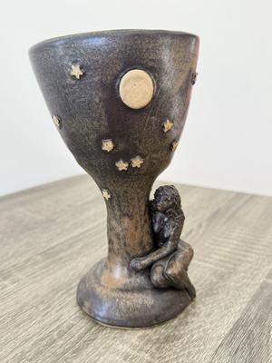 LOT 16K: Stoneware Pottery Sculpted Fairy Goblet & Signed Two Person Abstract Sculpture made in Zimbabwe