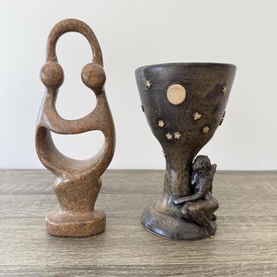 LOT 16K: Stoneware Pottery Sculpted Fairy Goblet & Signed Two Person Abstract Sculpture made in Zimbabwe