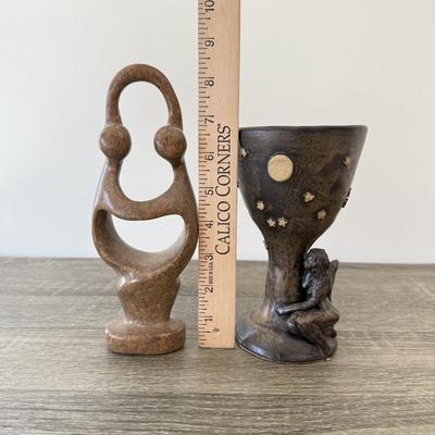 LOT 16K: Stoneware Pottery Sculpted Fairy Goblet & Signed Two Person Abstract Sculpture made in Zimbabwe