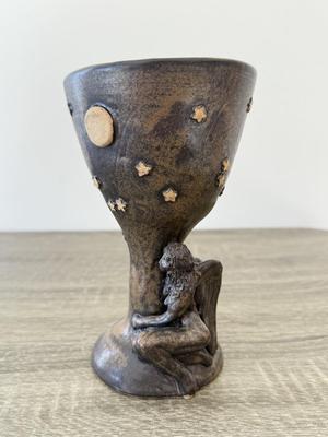 LOT 16K: Stoneware Pottery Sculpted Fairy Goblet & Signed Two Person Abstract Sculpture made in Zimbabwe