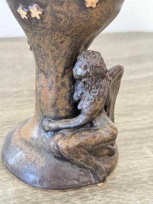 LOT 16K: Stoneware Pottery Sculpted Fairy Goblet & Signed Two Person Abstract Sculpture made in Zimbabwe