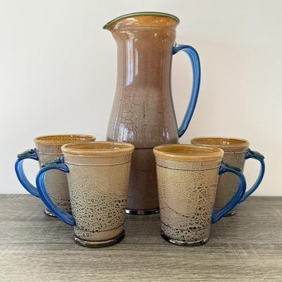 LOT 19K: Exquisite Art Glass Pitcher w/ 4 Matching Mugs