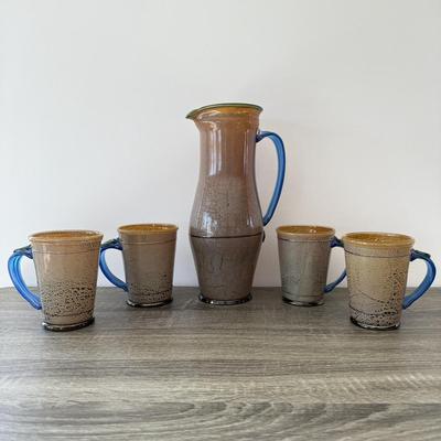 LOT 19K: Exquisite Art Glass Pitcher w/ 4 Matching Mugs