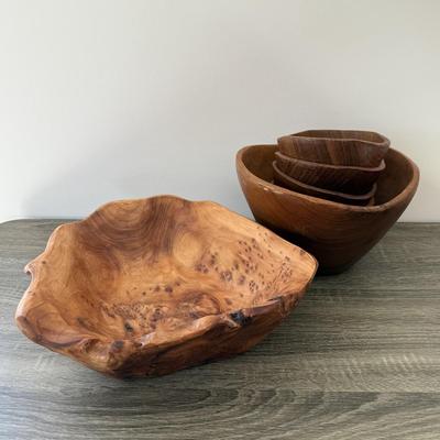 LOT 20K: Wooden Bowls: Large Flat Cut & Set of Salad Bowls