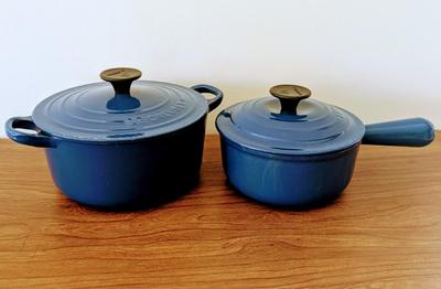 LOT 42K: Le Creuset Cast Iron Blue Enamel Small 2 Handle Dutch Oven and Single Handle Sauce Pan With Lids