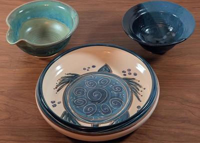 LOT 48K: Shallow Sea Turtle Pottery Bowl, Blue Glazed Pottery Bowl And Signed Green Ramen Bowl