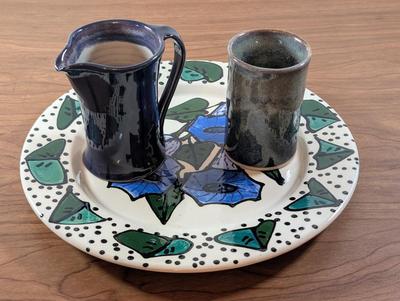 LOT 50K: Unique Morning Glory Pattern Plate With Signed Small Blue Glazed Pottery Pitcher And Small Mossy Green Glazed Tumbler