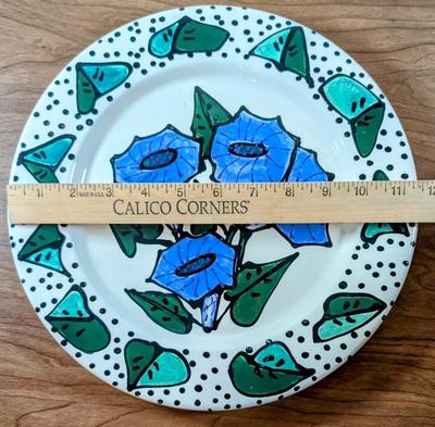 LOT 50K: Unique Morning Glory Pattern Plate With Signed Small Blue Glazed Pottery Pitcher And Small Mossy Green Glazed Tumbler