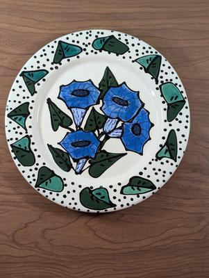 LOT 50K: Unique Morning Glory Pattern Plate With Signed Small Blue Glazed Pottery Pitcher And Small Mossy Green Glazed Tumbler