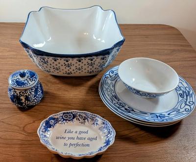 LOT 51K: Collection Of Blue And White Plates, Small Bowl, WCL Serving Bowl, Spode Dish And Candle Jar with Lid