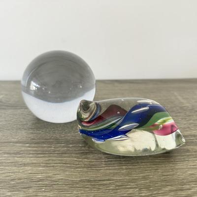 LOT 84K: Signed Clear Glass Orb Paperweight & Interestingly Shaped Colorful Swirl Paperweight