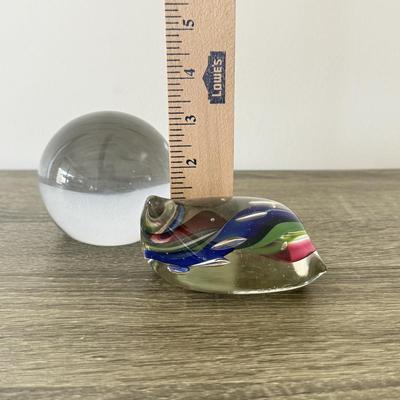 LOT 84K: Signed Clear Glass Orb Paperweight & Interestingly Shaped Colorful Swirl Paperweight