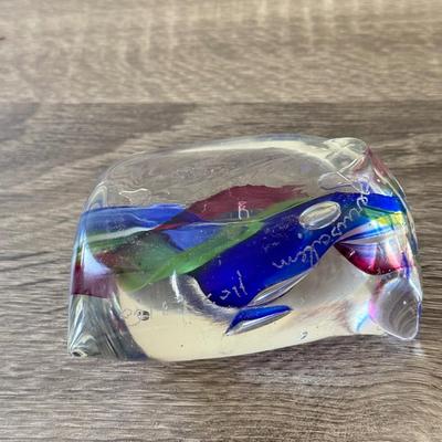 LOT 84K: Signed Clear Glass Orb Paperweight & Interestingly Shaped Colorful Swirl Paperweight