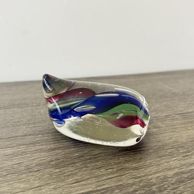 LOT 84K: Signed Clear Glass Orb Paperweight & Interestingly Shaped Colorful Swirl Paperweight