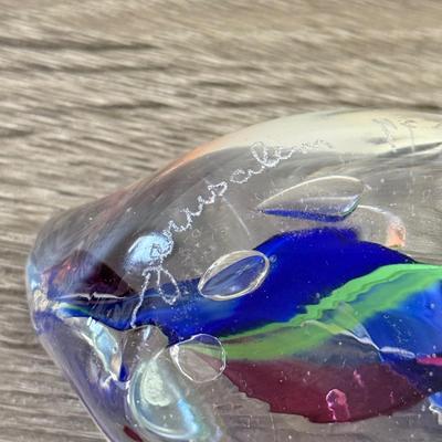 LOT 84K: Signed Clear Glass Orb Paperweight & Interestingly Shaped Colorful Swirl Paperweight