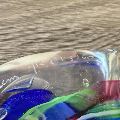 LOT 84K: Signed Clear Glass Orb Paperweight & Interestingly Shaped Colorful Swirl Paperweight