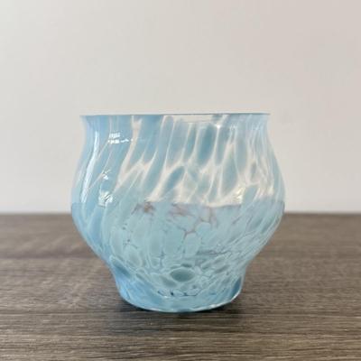 LOT 85K: Simon Pearce Crystal Wavy Edge Bowl w/ Beautiful Light Blue Hand Crafted Lisa Larson Glasses
