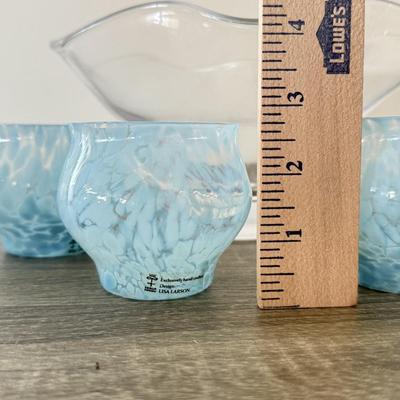 LOT 85K: Simon Pearce Crystal Wavy Edge Bowl w/ Beautiful Light Blue Hand Crafted Lisa Larson Glasses