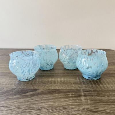 LOT 85K: Simon Pearce Crystal Wavy Edge Bowl w/ Beautiful Light Blue Hand Crafted Lisa Larson Glasses
