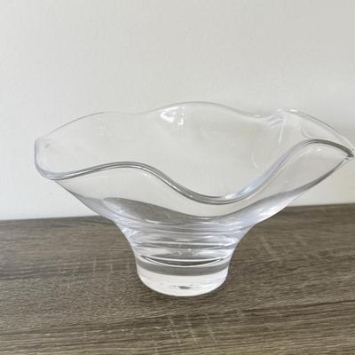 LOT 85K: Simon Pearce Crystal Wavy Edge Bowl w/ Beautiful Light Blue Hand Crafted Lisa Larson Glasses