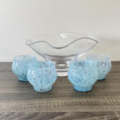 LOT 85K: Simon Pearce Crystal Wavy Edge Bowl w/ Beautiful Light Blue Hand Crafted Lisa Larson Glasses